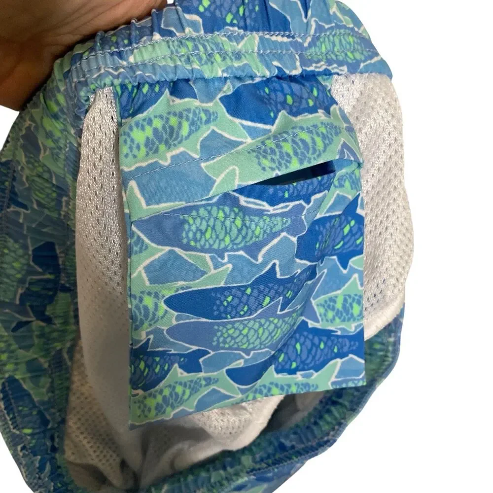VINEYARD VINES Blue Shark Print Boys Size Medium Swim Swimming Shorts Trunks